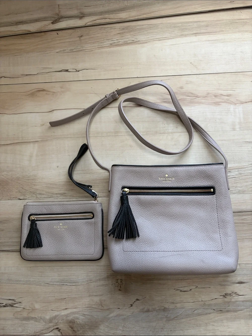 kate spade Pebble Leather Taupe Crossbody with Black Tassel Wristlet